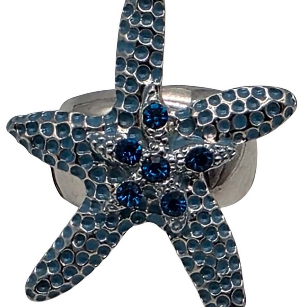 Rare Blue Enamel Starfish Ring Sapphire Crystal Rhinestone Silver Coastal Luxe - Picture 4 of 4